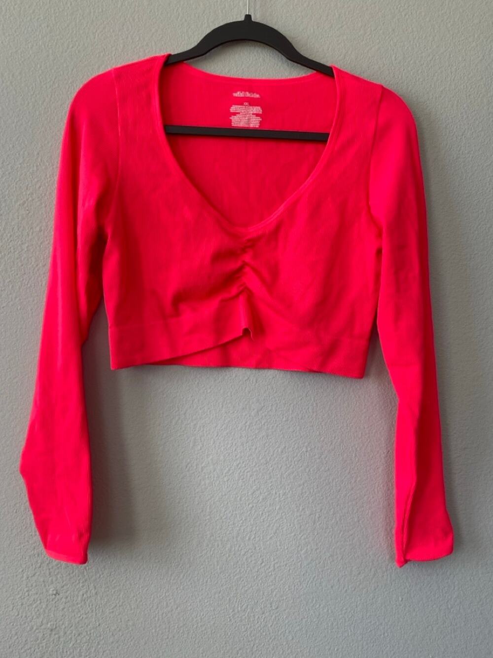 Wild Fable XXL Hot Pink Ribbed Crop Top Ruched Long Sleeve Scoop Neck Athleisure
